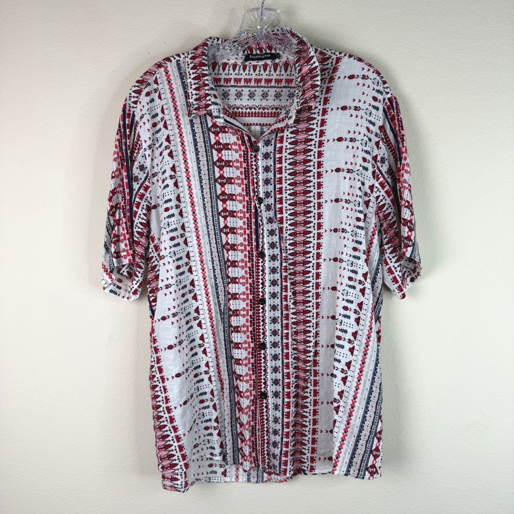 VatPave Button Down Shirt Mens XL Red White Blue Tribal Geometric Short Sleeve
